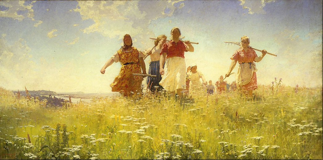 <strong>‘En los campos de paz’
                                Andrei Mylnikov
                                (1950)</strong> La obra pretenderetratar el alivio delpueblo soviético queacompañó la victoriade la Segunda GuerraMundial a partir decolores vivos y
                                trabajos pacíficos.
